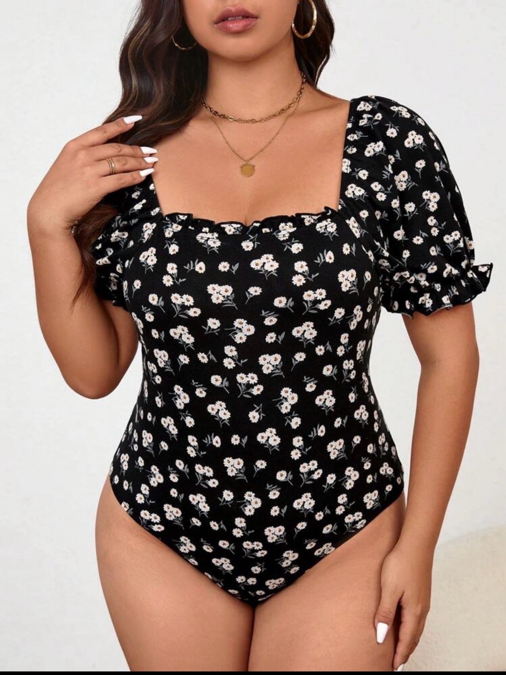 SHEIN Black Floral Square-Neck Bandeau Bodysuit